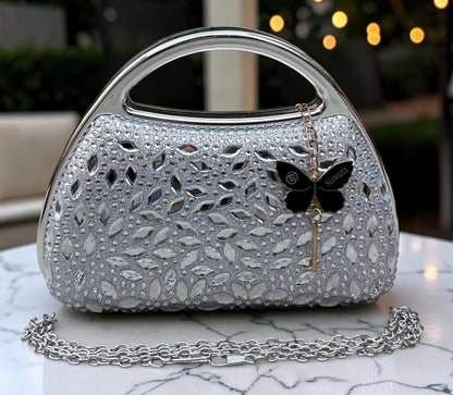 Slingss Premium Diamond Acrylic Partywear Clutch For Ladies With Long Chain