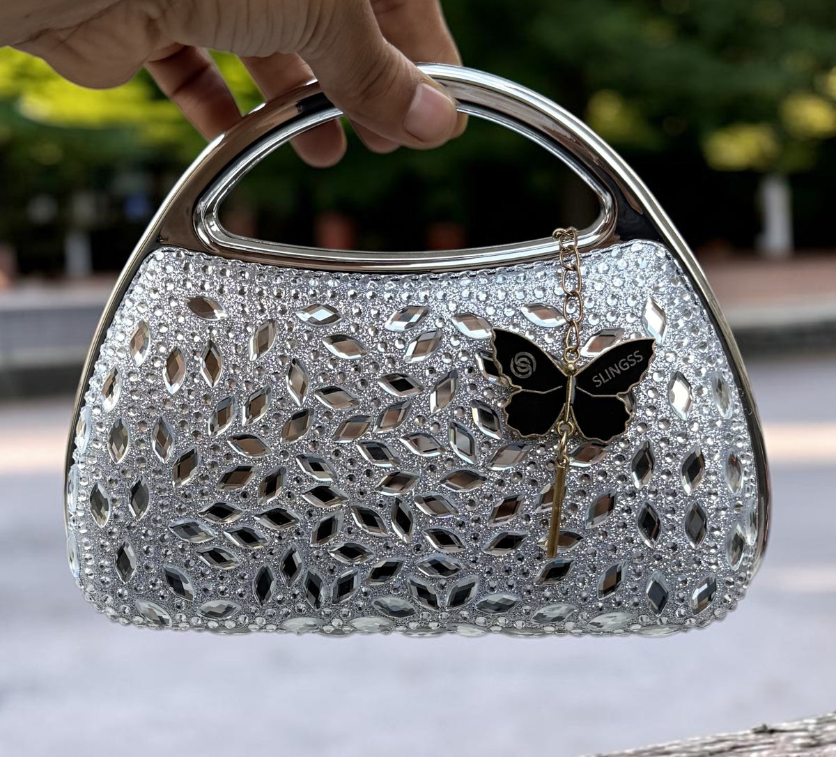 Slingss Premium Diamond Acrylic Partywear Clutch For Ladies With Long Chain