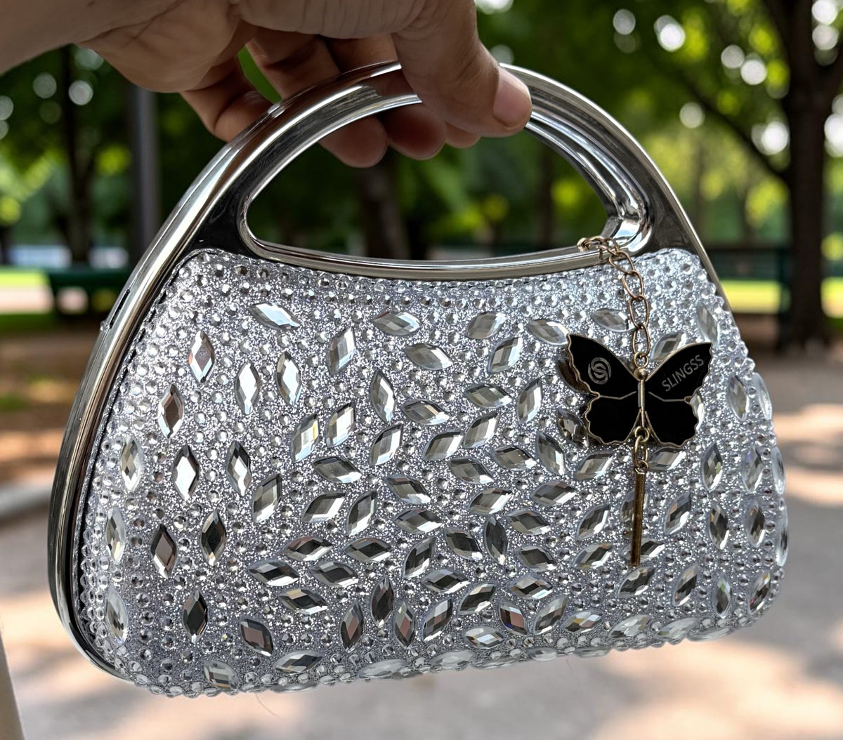 Slingss Premium Diamond Acrylic Partywear Clutch For Ladies With Long Chain