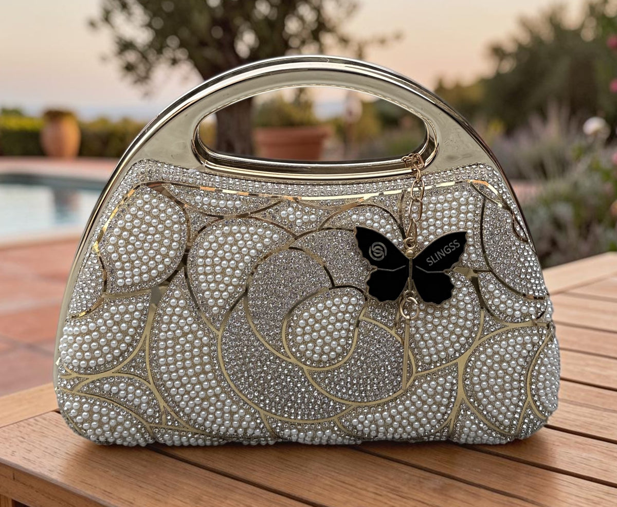Slingss Premium Diamond Acrylic Pearl Partywear Clutch For Ladies With Long Chain