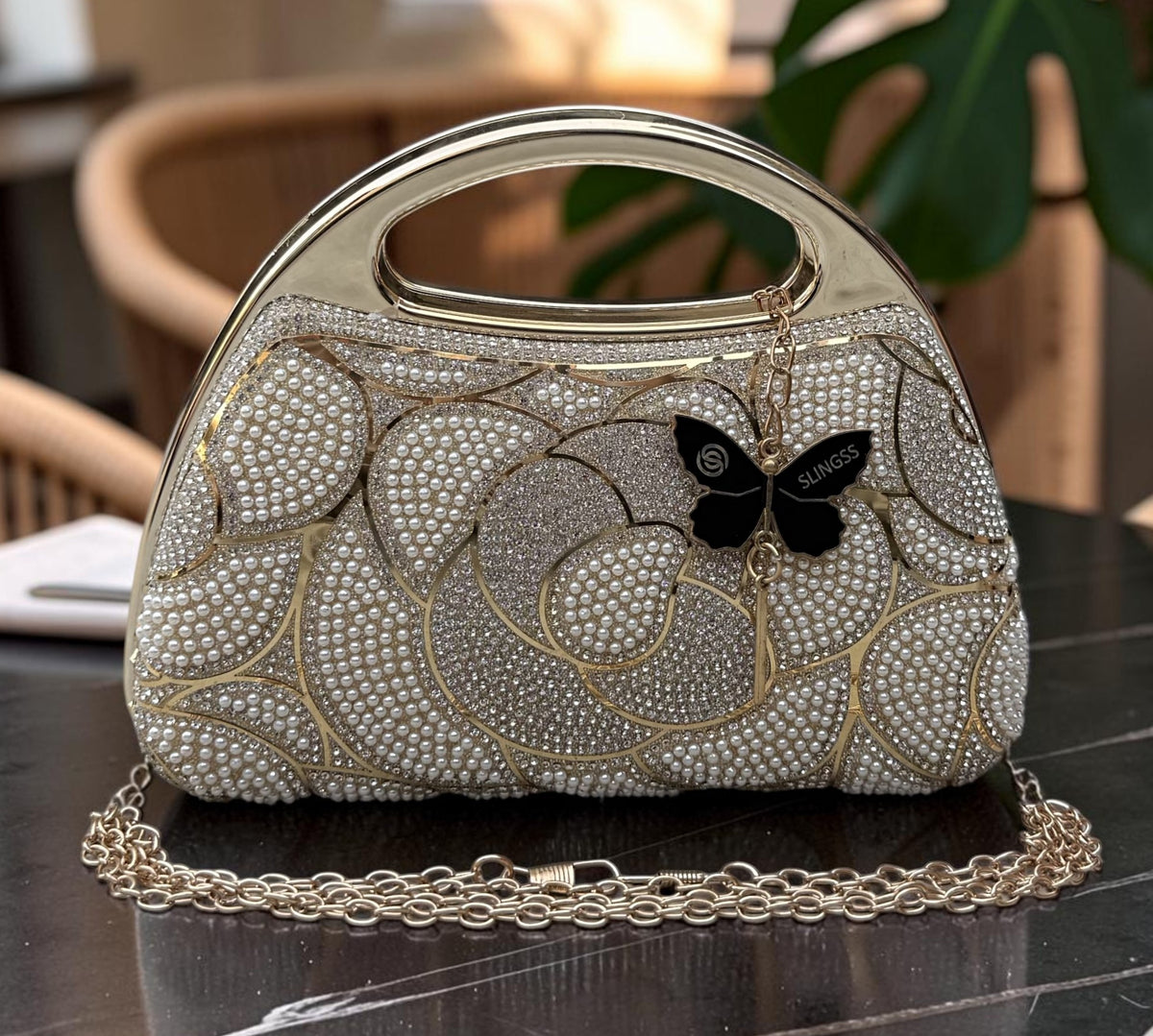 Slingss Premium Diamond Acrylic Pearl Partywear Clutch For Ladies With Long Chain