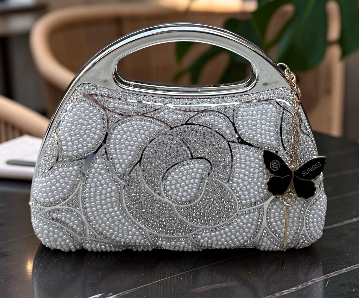 Slingss Premium Diamond Acrylic Partywear Clutch For Ladies With Long Chain