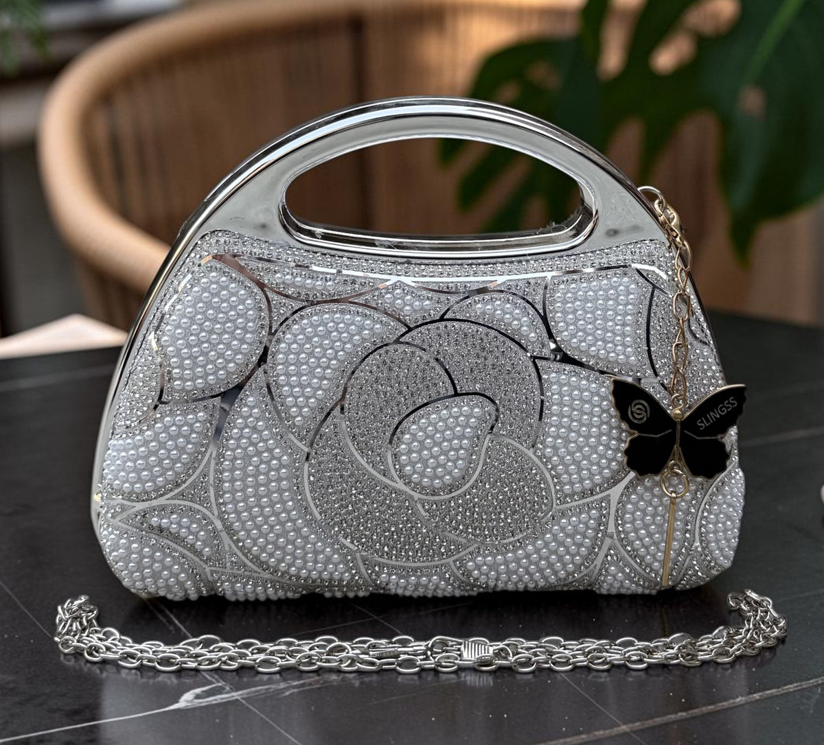 Slingss Premium Diamond Acrylic Partywear Clutch For Ladies With Long Chain