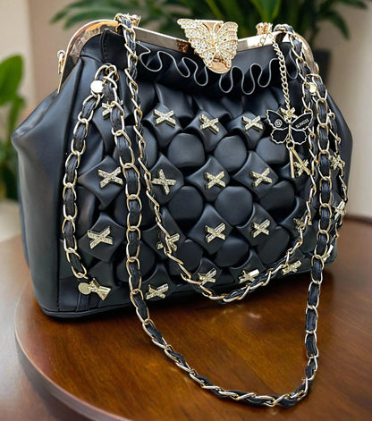 Slingss Luxury Range Big Size Black Embroidered Partywear Bag For Ladies