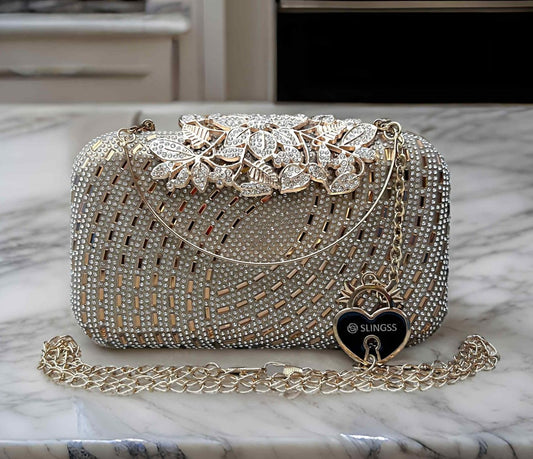 Slingss Exclusive Premium Partywear Embroidered Boxy Design Clutch For Ladies With Handle & Long Chain