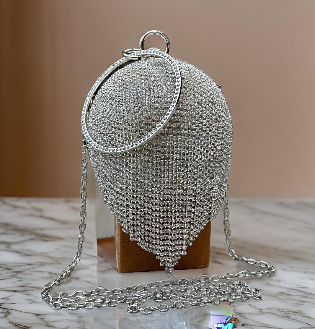Slingss Exclusive Premium Ball Shaped Partywear Embroidered Clutch For Ladies With Silver Handle & Long Chain