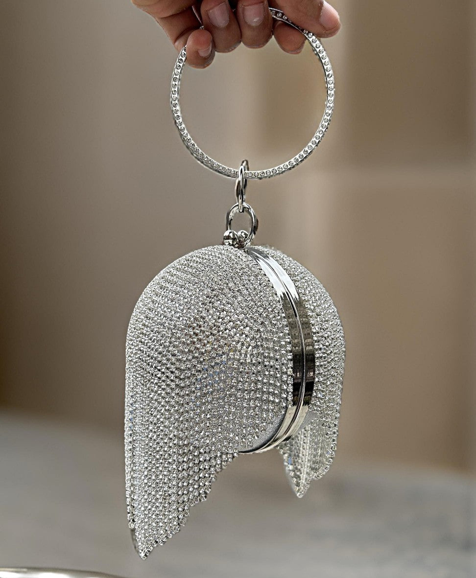 Slingss Exclusive Premium Ball Shaped Partywear Embroidered Clutch For Ladies With Silver Handle & Long Chain