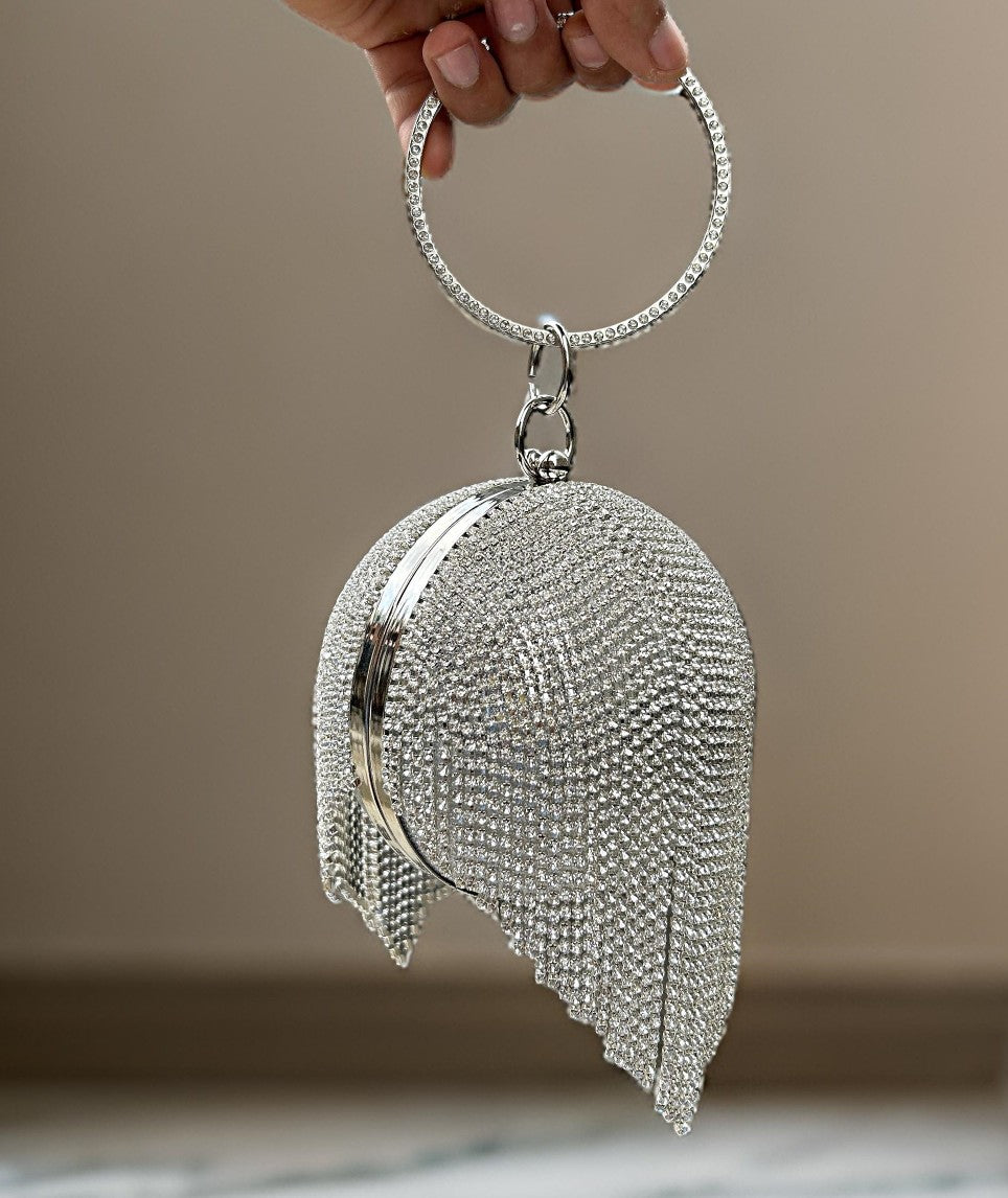 Slingss Exclusive Premium Ball Shaped Partywear Embroidered Clutch For Ladies With Silver Handle & Long Chain