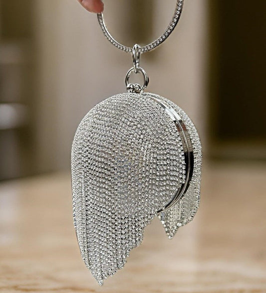 Slingss Exclusive Premium Ball Shaped Partywear Embroidered Clutch For Ladies With Silver Handle & Long Chain