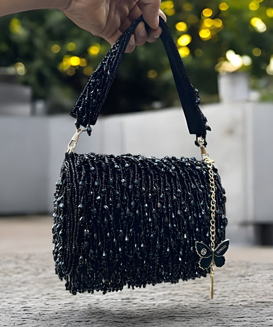 Slingss Luxury Range Crystal Full Jhallar Embroidered Partywear Purse For Ladies With Handle