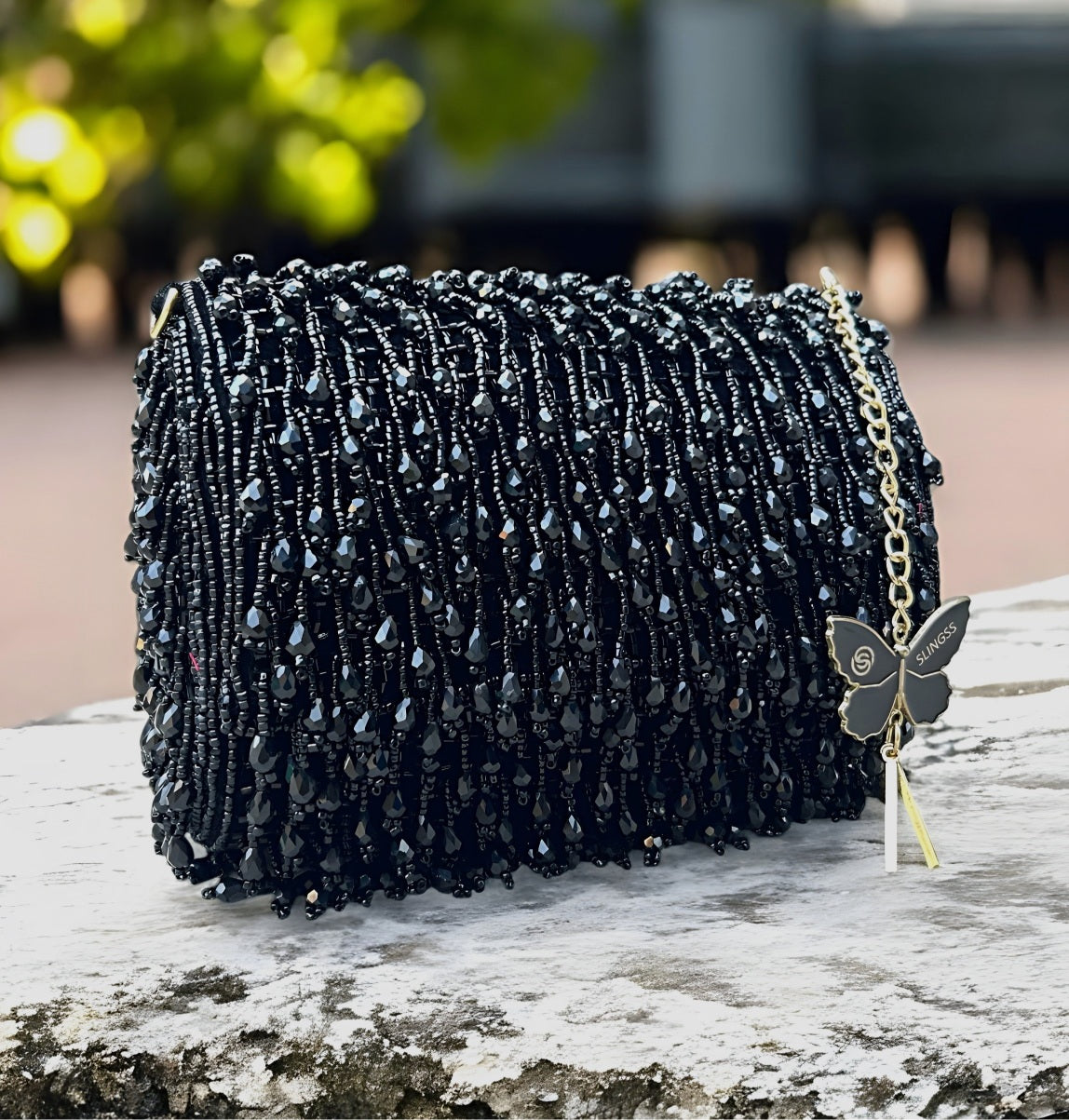 Slingss Luxury Range Crystal Full Jhallar Embroidered Partywear Purse For Ladies With Handle