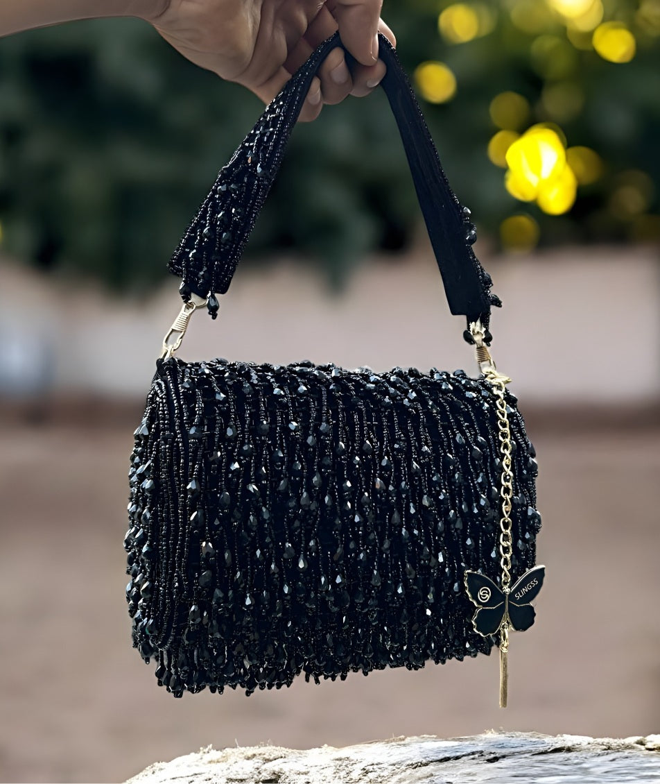 Slingss Luxury Range Crystal Full Jhallar Embroidered Partywear Purse For Ladies With Handle