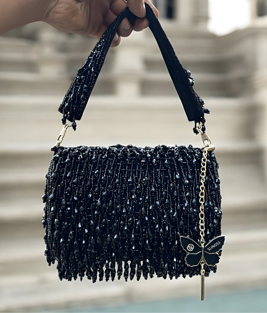 Slingss Luxury Range Crystal Full Jhallar Embroidered Partywear Purse For Ladies With Handle