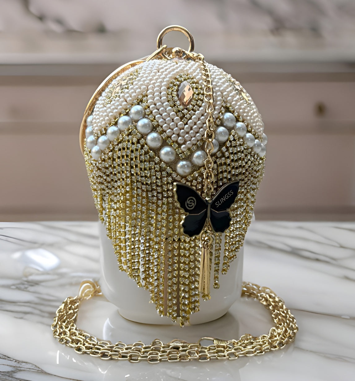 Slingss Exclusive Premium Ball Shaped Partywear Embroidered Clutch For Ladies With Gold Handle & Long Chain