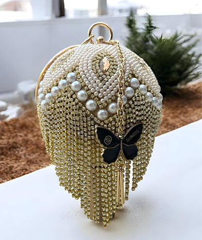 Slingss Exclusive Premium Ball Shaped Partywear Embroidered Clutch For Ladies With Gold Handle & Long Chain