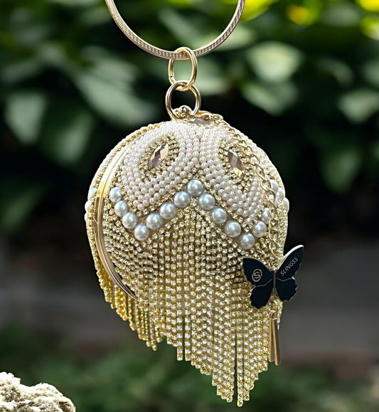 Slingss Exclusive Premium Ball Shaped Partywear Embroidered Clutch For Ladies With Gold Handle & Long Chain