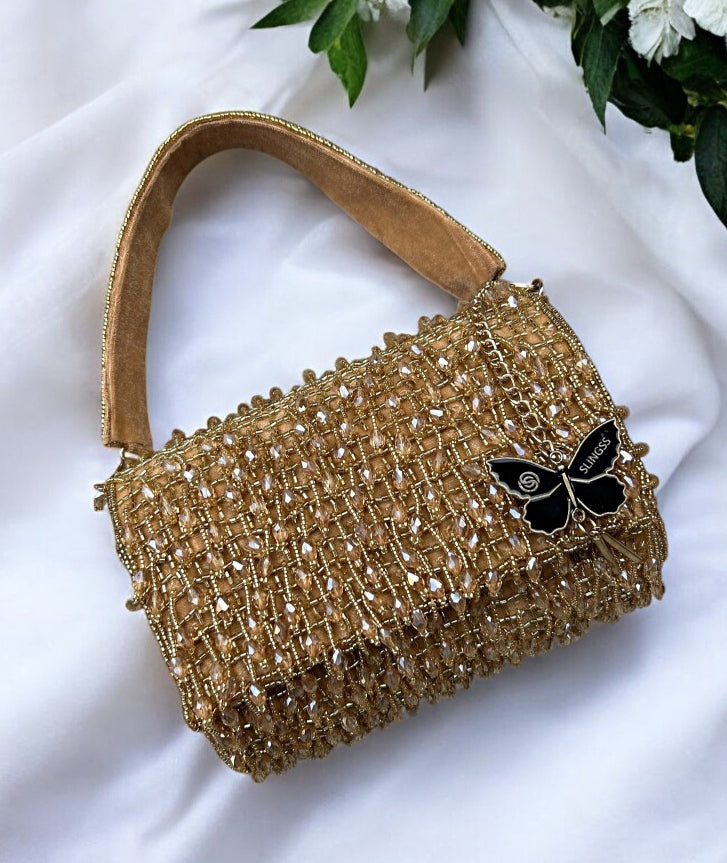 Slingss Luxury Range Crystal Full Jhallar Embroidered Partywear Purse For Ladies With Handle