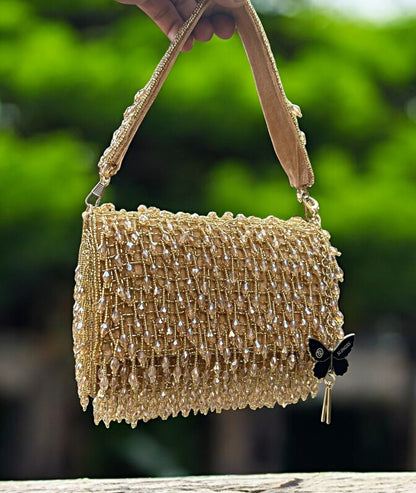 Slingss Luxury Range Crystal Full Jhallar Embroidered Partywear Purse For Ladies With Handle