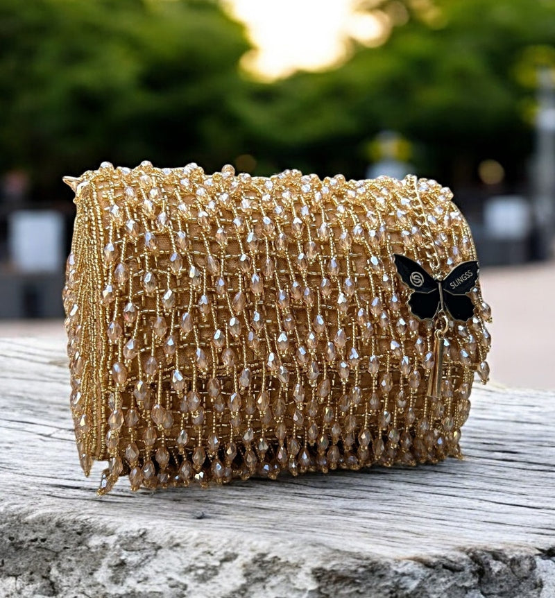 Slingss Luxury Range Crystal Full Jhallar Embroidered Partywear Purse For Ladies With Handle