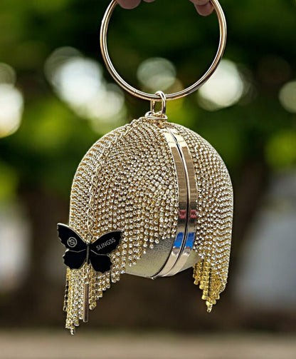 Slingss Exclusive Premium Ball Shaped Partywear Embroidered Clutch For Ladies With Golden Handle & Long Chain