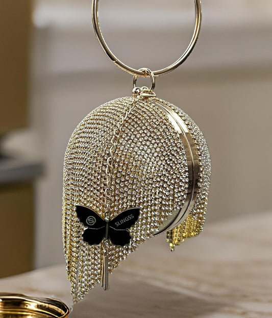 Slingss Exclusive Premium Ball Shaped Partywear Embroidered Clutch For Ladies With Golden Handle & Long Chain
