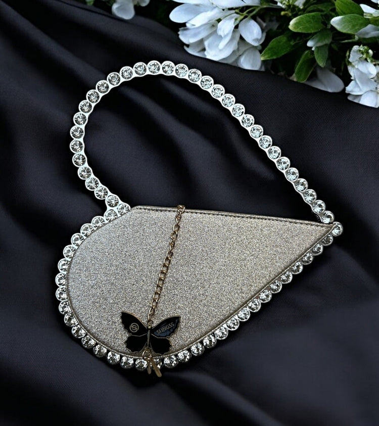 Slingss Exclusive Premium Heart Shape Partywear Glitter Embroidered Handbag For Ladies