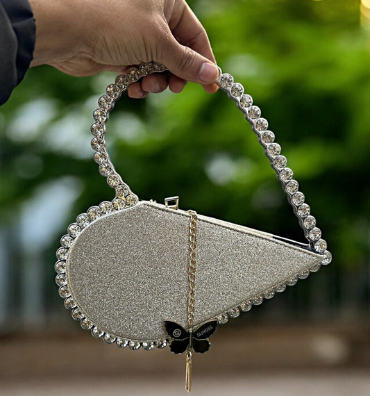Slingss Exclusive Premium Heart Shape Partywear Glitter Embroidered Handbag For Ladies