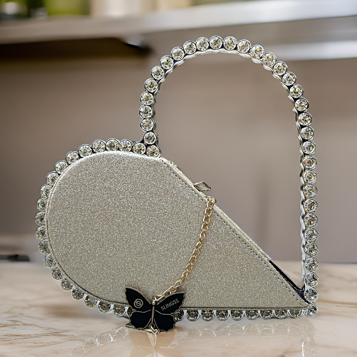 Slingss Exclusive Premium Heart Shape Partywear Glitter Embroidered Handbag For Ladies