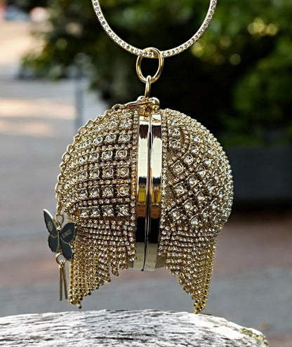 Slingss Exclusive Premium Ball Shaped Partywear Embroidered Clutch For Ladies With Gold Handle & Long Chain