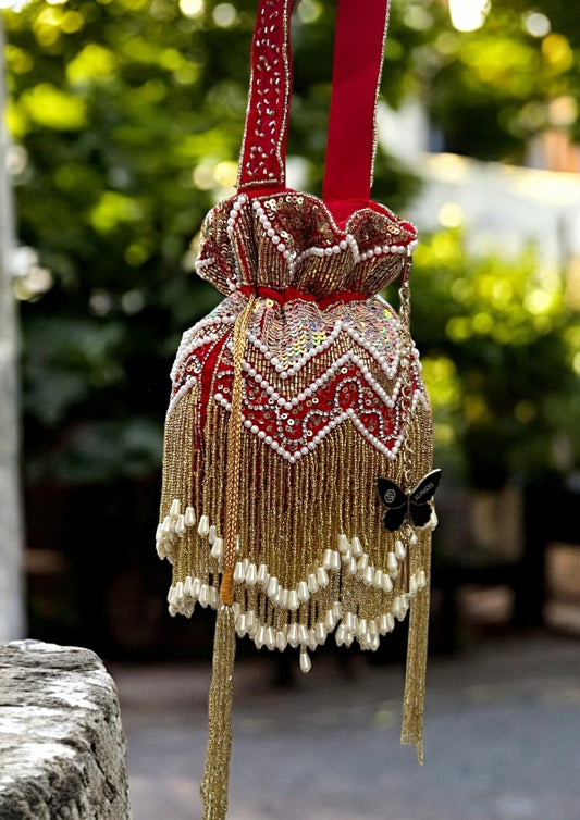 Slingss Exclusive Luxury Range Double Side Jhallar Embroidered Partywear Potli For Ladies With Handle