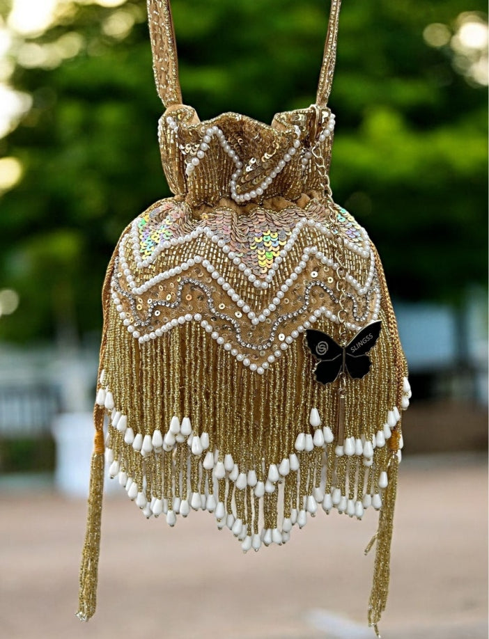 Slingss Exclusive Luxury Range Double Side Jhallar Embroidered Partywear Potli For Ladies With Handle