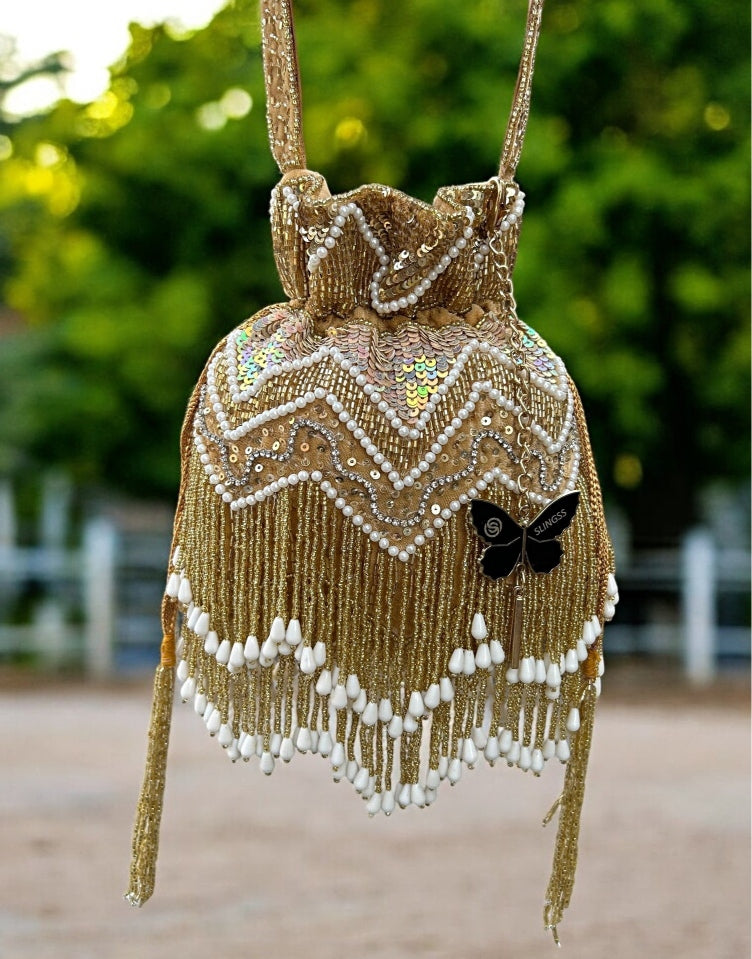 Slingss Exclusive Luxury Range Double Side Jhallar Embroidered Partywear Potli For Ladies With Handle