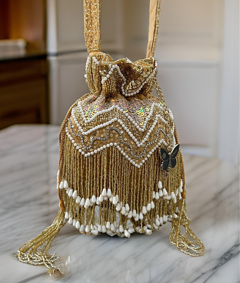 Slingss Exclusive Luxury Range Double Side Jhallar Embroidered Partywear Potli For Ladies With Handle