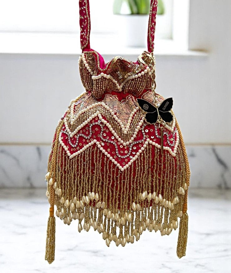 Slingss Exclusive Luxury Range Double Side Jhallar Embroidered Partywear Potli For Ladies With Handle