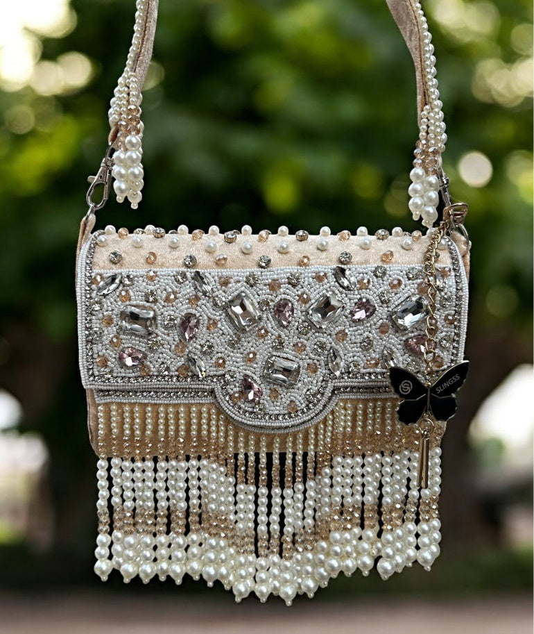 Slingss Luxury Range White Beads Hanging Diamond Embroidered Partywear Handbag For Ladies With Handle