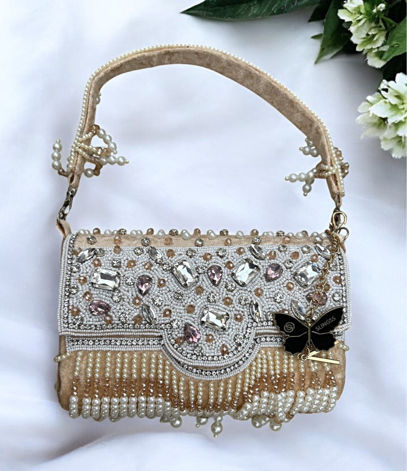 Slingss Luxury Range White Beads Hanging Diamond Embroidered Partywear Handbag For Ladies With Handle