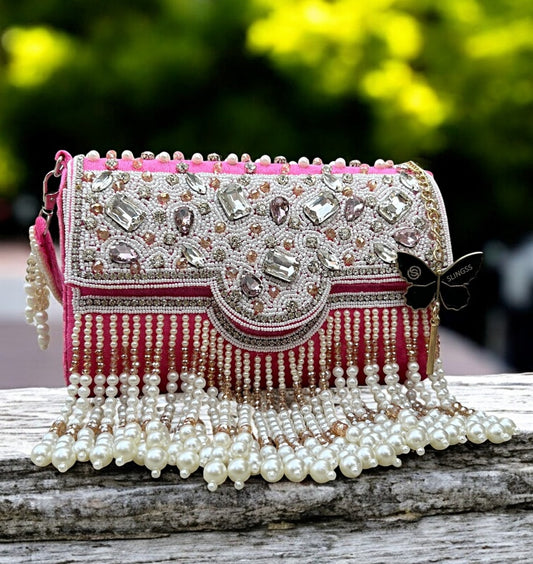 Slingss Luxury Range White Beads Hanging Diamond Embroidered Partywear Handbag For Ladies With Handle