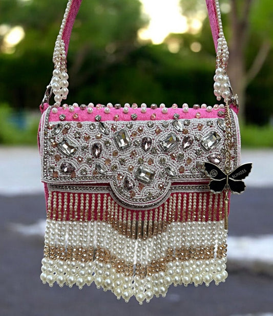 Slingss Luxury Range White Beads Hanging Diamond Embroidered Partywear Handbag For Ladies With Handle