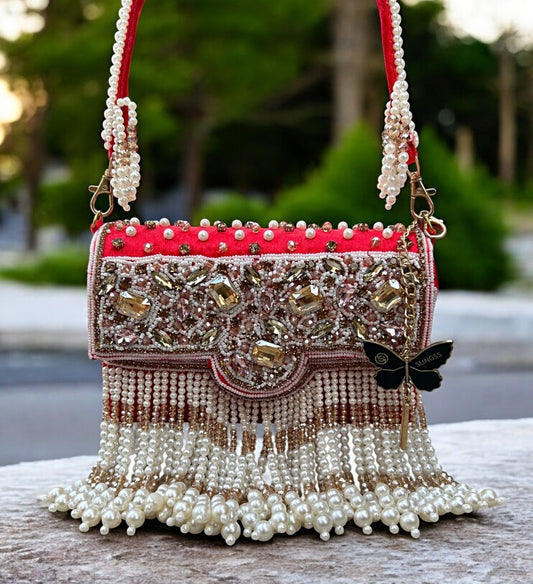 Slingss Luxury Range White Beads Hanging Diamond Embroidered Partywear Handbag For Ladies With Handle