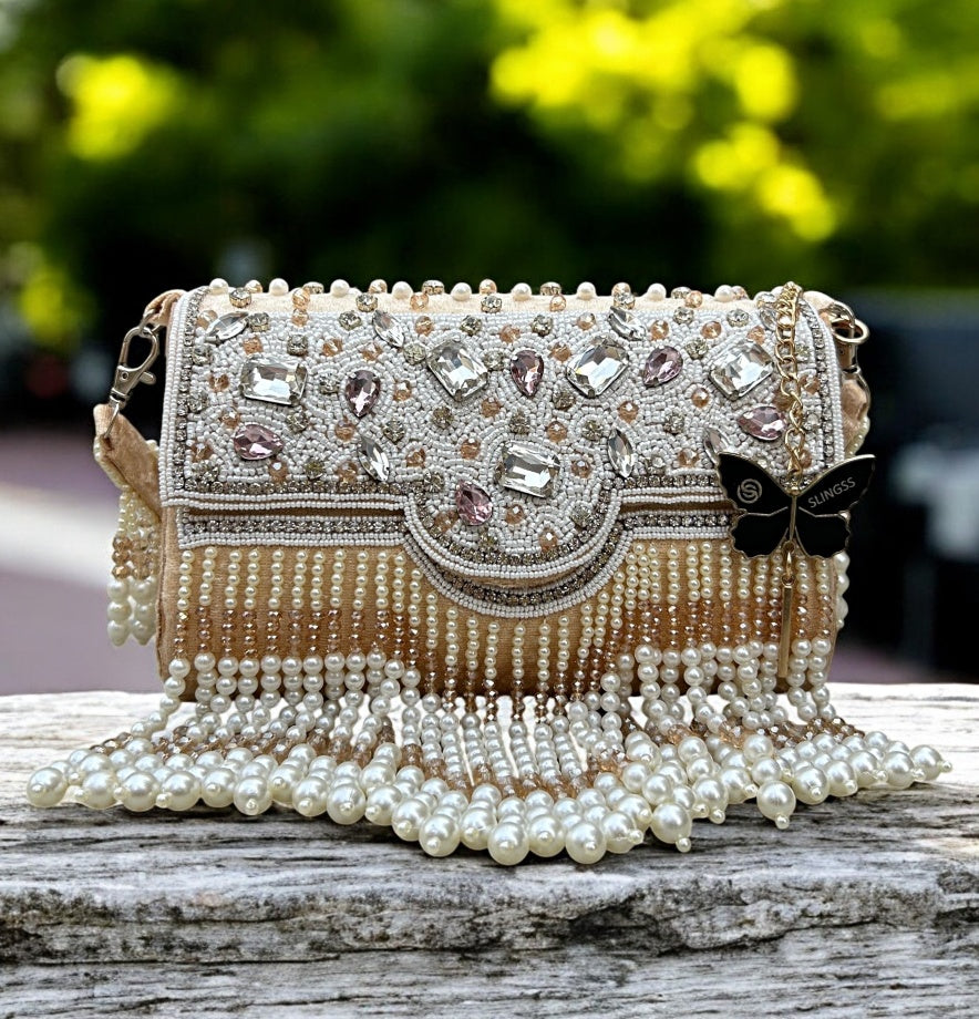 Slingss Luxury Range White Beads Hanging Diamond Embroidered Partywear Handbag For Ladies With Handle