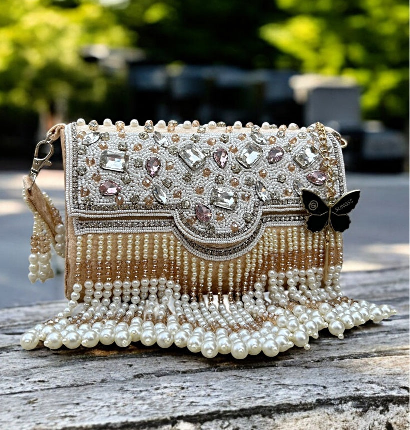 Slingss Luxury Range White Beads Hanging Diamond Embroidered Partywear Handbag For Ladies With Handle