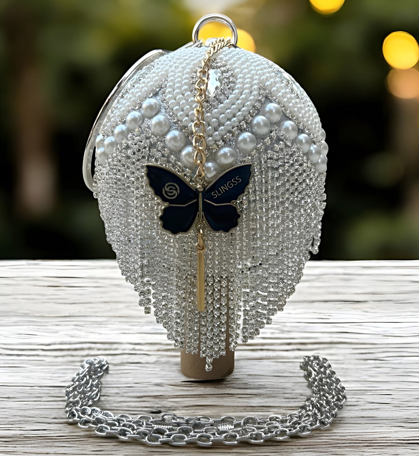 Slingss Exclusive Premium Ball Shaped Partywear Embroidered Clutch For Ladies With Handle & Long Chain
