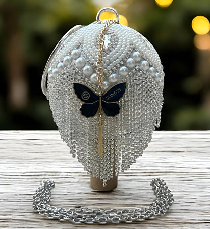 Slingss Exclusive Premium Ball Shaped Partywear Embroidered Clutch For Ladies With Handle & Long Chain