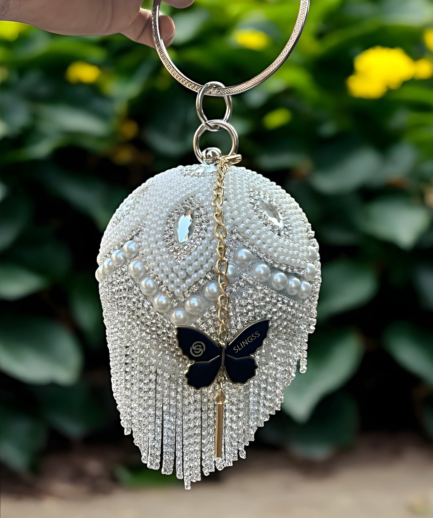 Slingss Exclusive Premium Ball Shaped Partywear Embroidered Clutch For Ladies With Handle & Long Chain