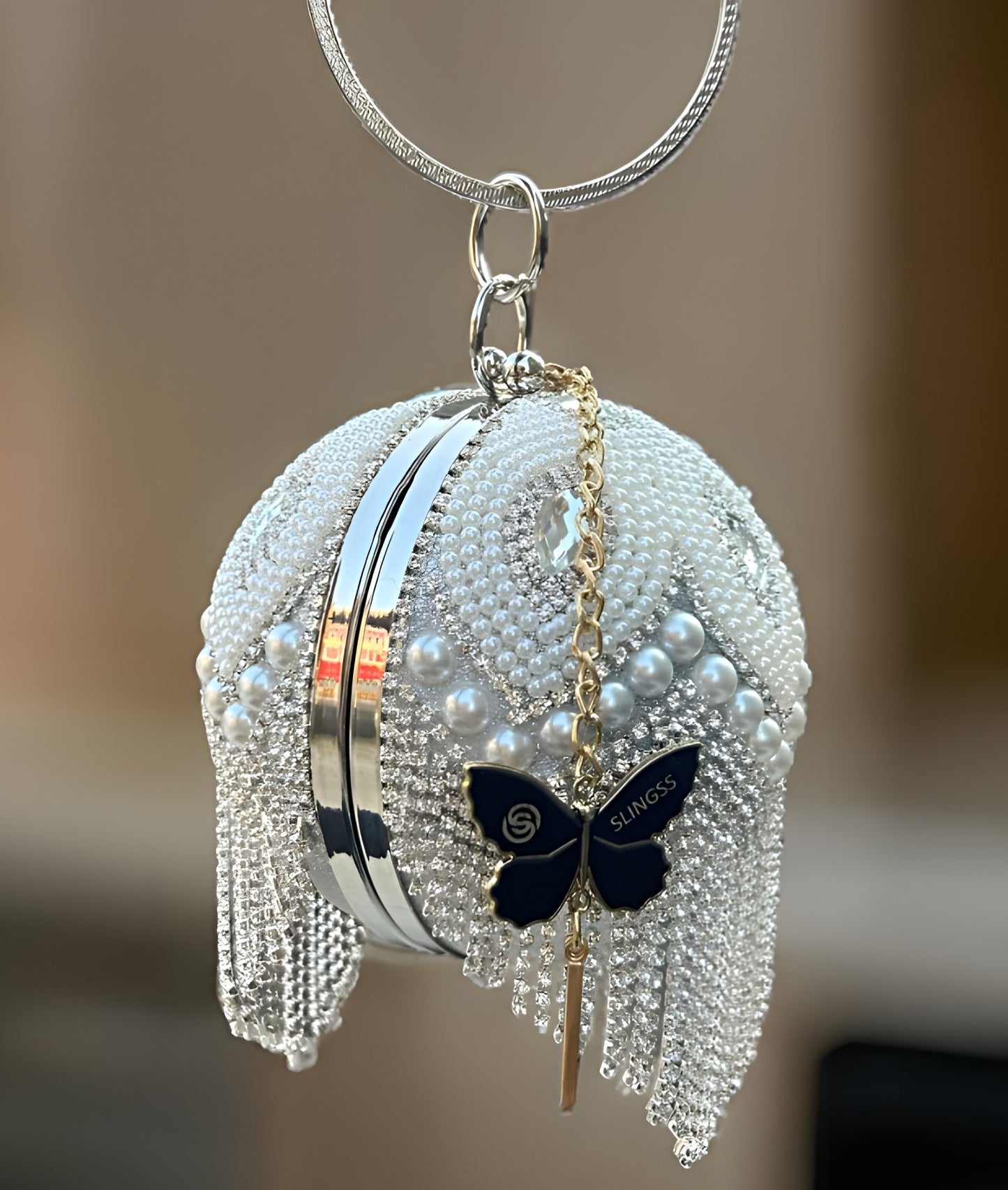 Slingss Exclusive Premium Ball Shaped Partywear Embroidered Clutch For Ladies With Handle & Long Chain