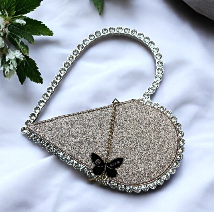 Slingss Exclusive Premium Heart Shape Partywear Glitter Embroidered Handbag For Ladies