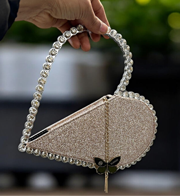 Slingss Exclusive Premium Heart Shape Partywear Glitter Embroidered Handbag For Ladies