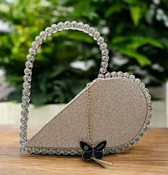 Slingss Exclusive Premium Heart Shape Partywear Glitter Embroidered Handbag For Ladies