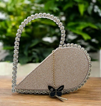 Slingss Exclusive Premium Heart Shape Partywear Glitter Embroidered Handbag For Ladies