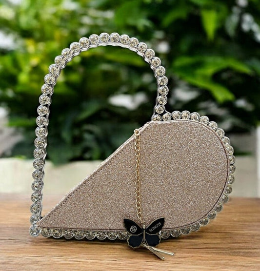 Slingss Exclusive Premium Heart Shape Partywear Glitter Embroidered Handbag For Ladies